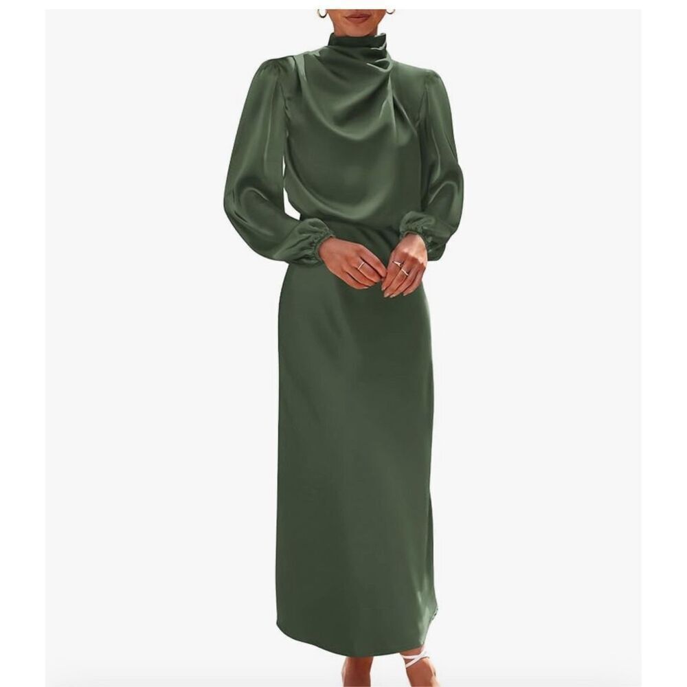 Elegant High-Neck Green Satin Maxi Dress